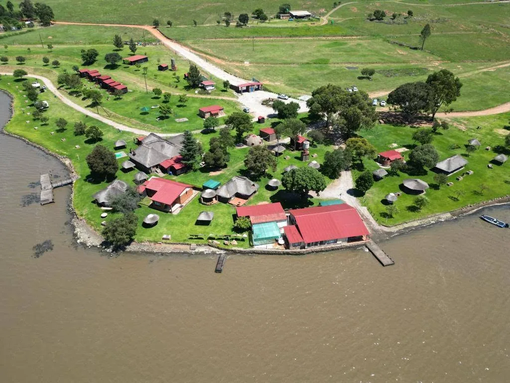 Wide aerial view of the main resort area